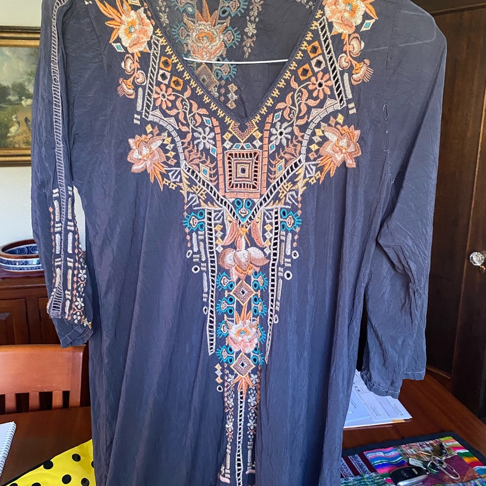 Johnny Was Charcoal Blouse with Vibrant Embroidery